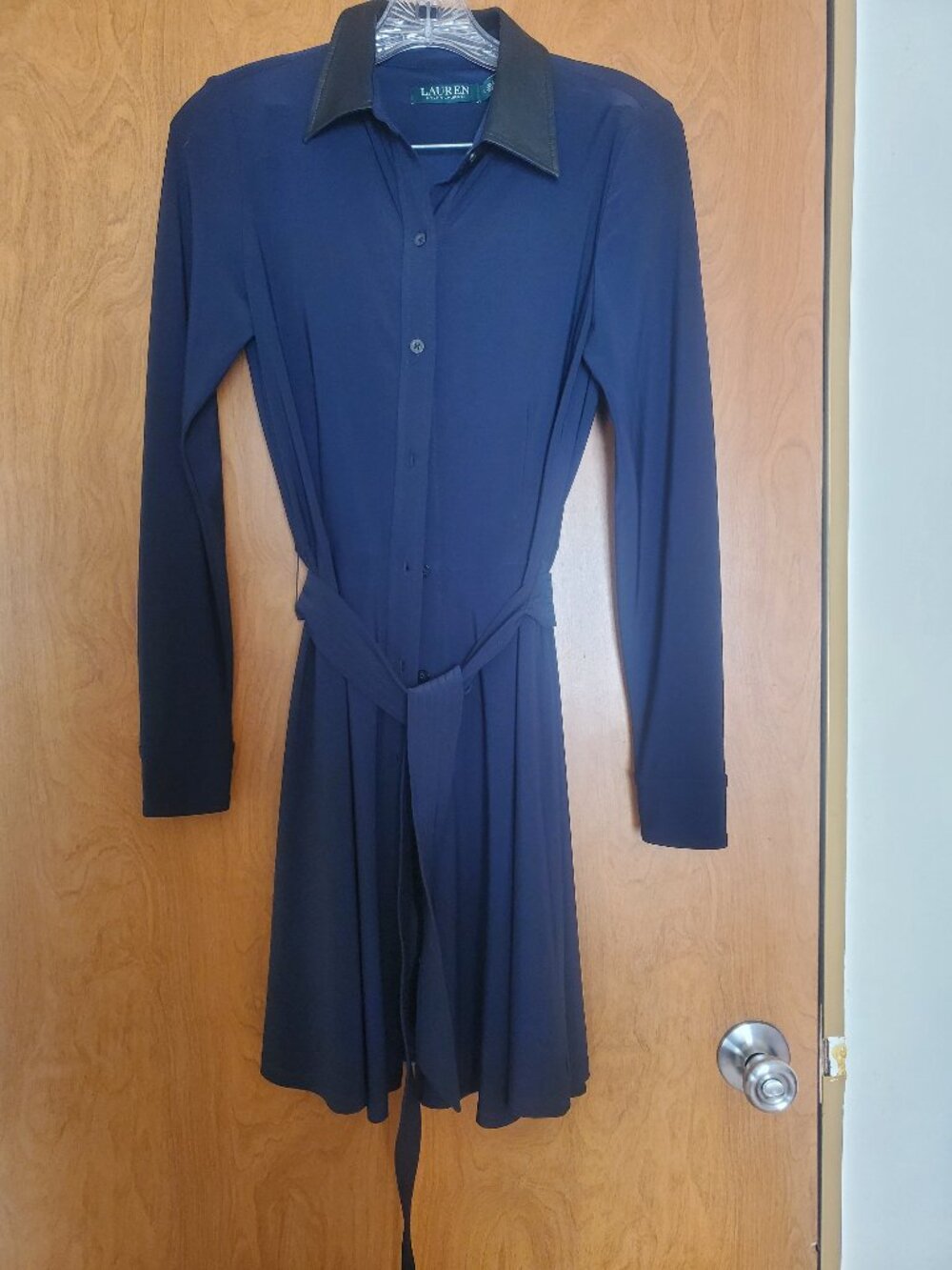 Blue with black faux leather collar dress